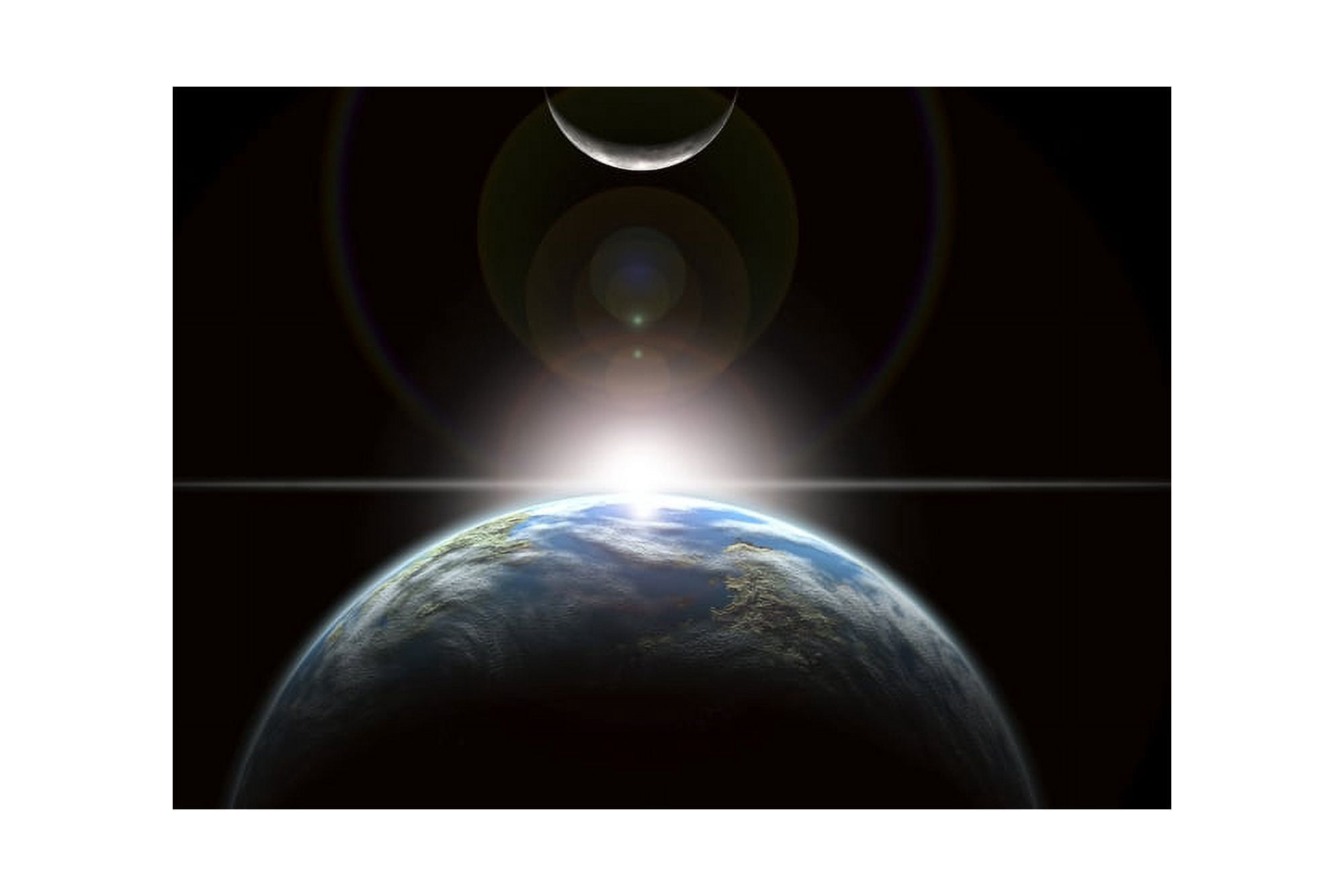 A star rising over an Earth-like planet and illuminating its lone moon Canvas Art - Marc WardStocktrek Images (34 x 23)