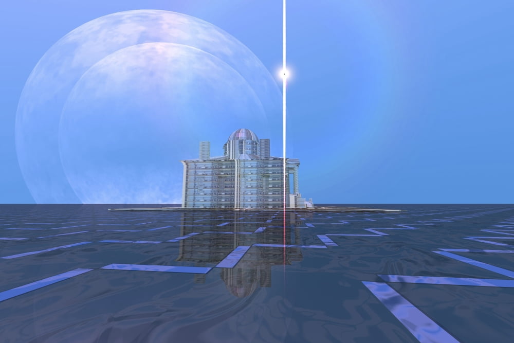 A star shines on alien architecture on this double moon planet Canvas Art - Corey FordStocktrek Images (35 x 23)