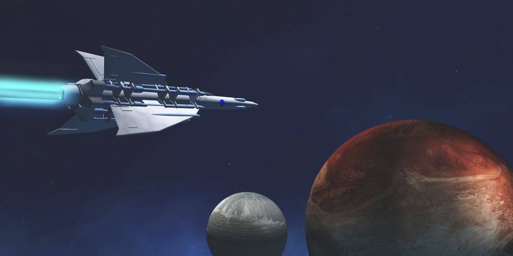 A starship from Earth travels to a red planet Canvas Art - Corey FordStocktrek Images (40 x 20)