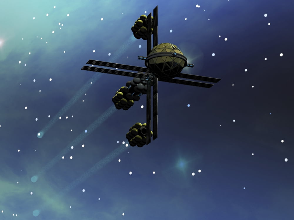 A starship from Earth with ion drive propulsion explores the cosmos Canvas Art - Corey FordStocktrek Images (17 x 13)
