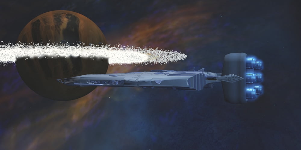 A starship passes by a planet with a ring of asteroids Canvas Art - Corey FordStocktrek Images (40 x 20)