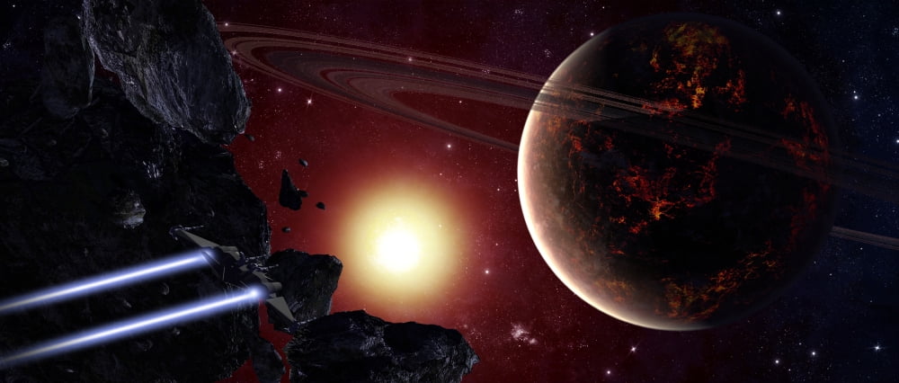 A stealth fighter en route to Hades a ringed planet Canvas Art - Frieso HoevelkampStocktrek Images (44 x 19)