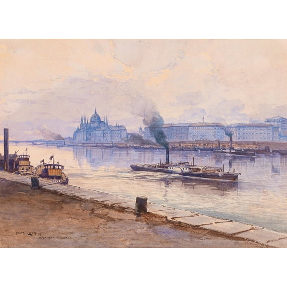A steam boat on the river Danube, the parliament building of Budapest in the background (1908) Poster Print by Fritz Lach (18 x 24)