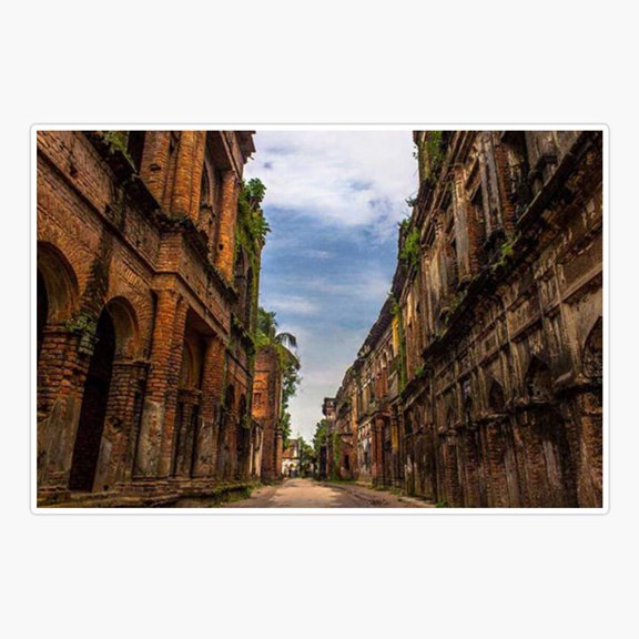 A street with old brick buildings Sticker