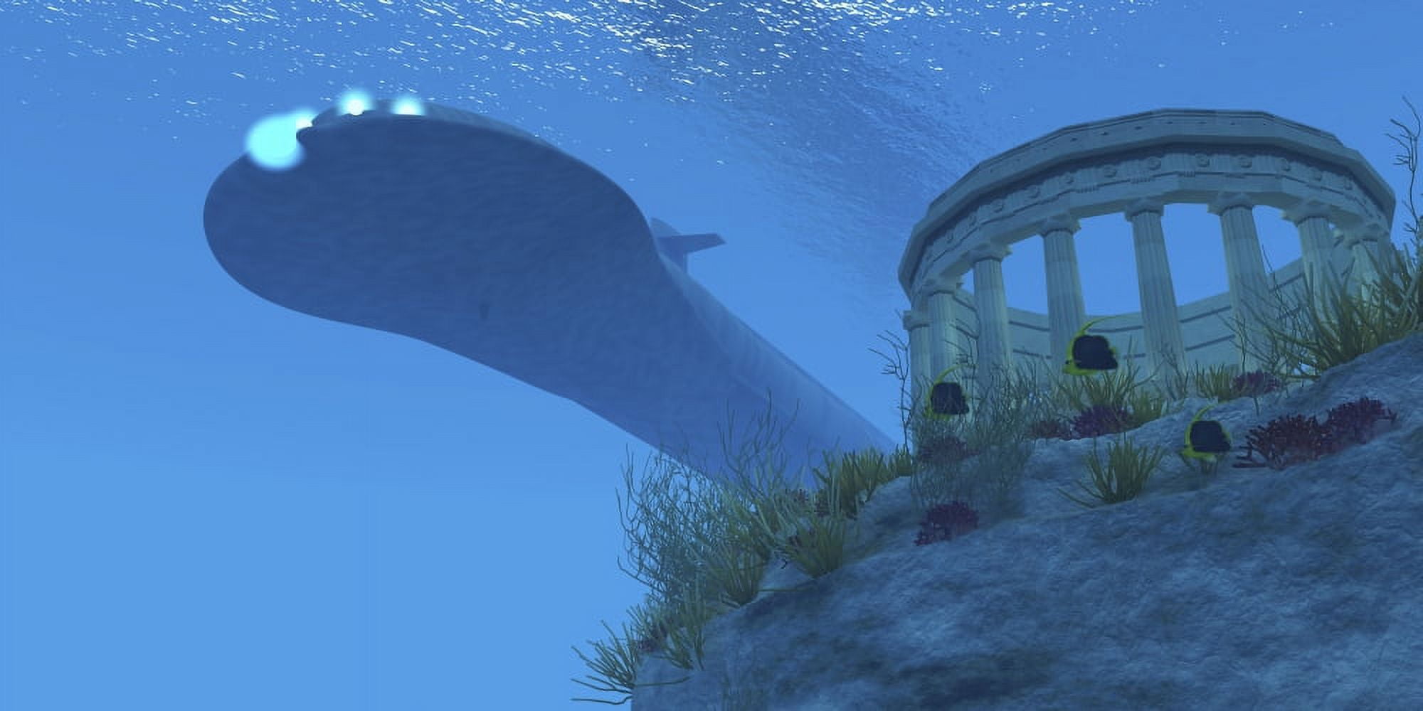 A submarine passes over a Greek temple ruin near a reef Canvas Art - Corey FordStocktrek Images (40 x 20)