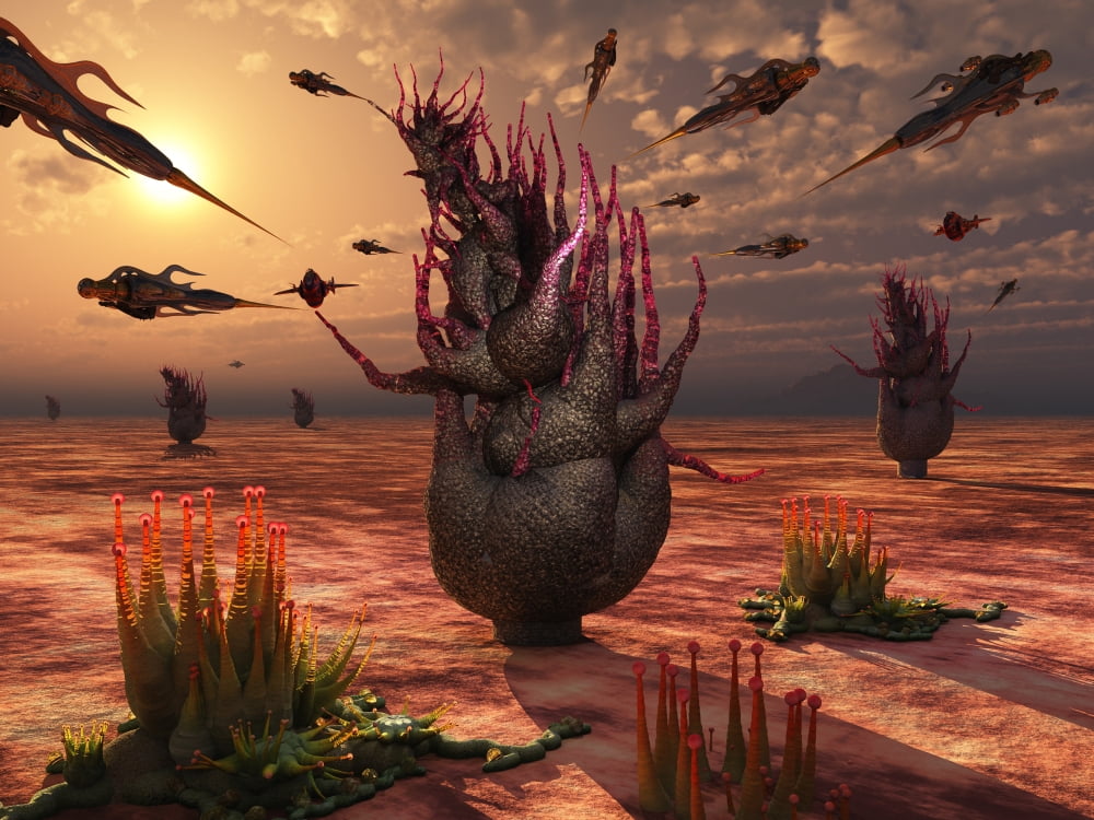 A swarm of artificial insects gather nectar from native plants on an alien world Canvas Art - Mark StevensonStocktrek Images (17 x 13)