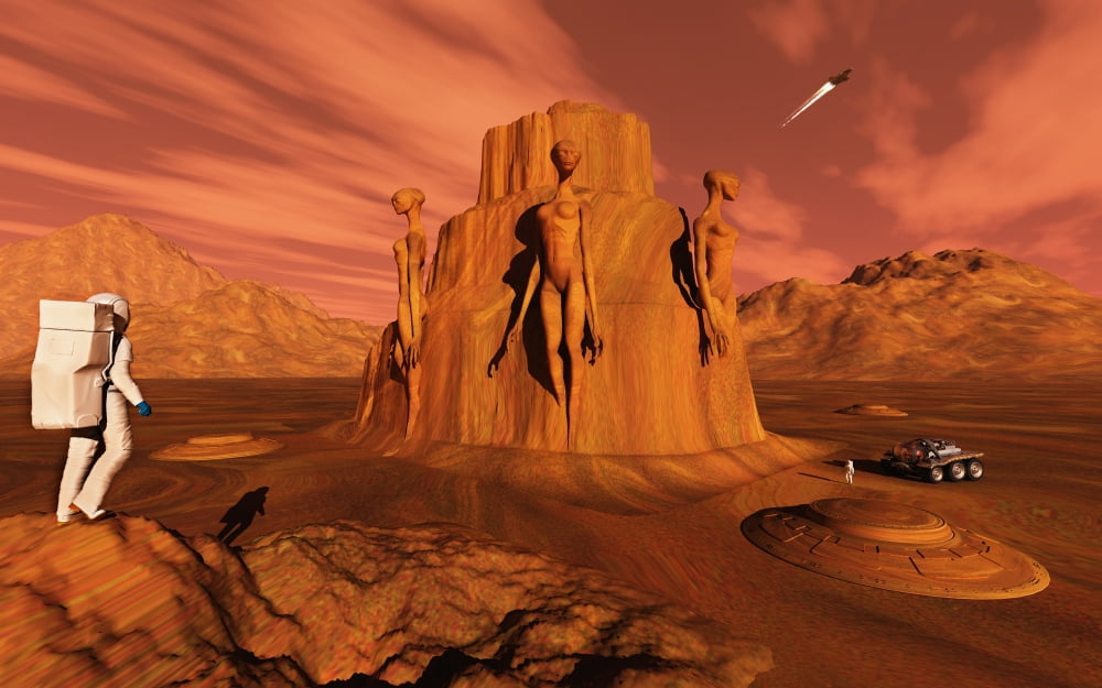 A team of explorers from Earth exploring Mars ancient monuments Canvas Art - Mark StevensonStocktrek Images (36 x 23)