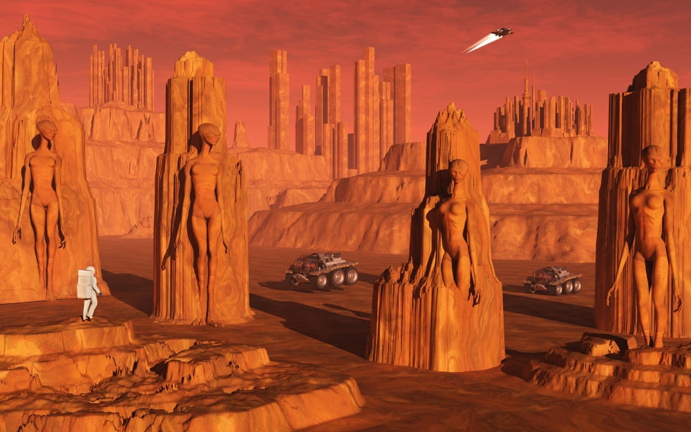 A team of explorers from Earth exploring Mars ancient monuments Canvas Art - Mark StevensonStocktrek Images (36 x 23)