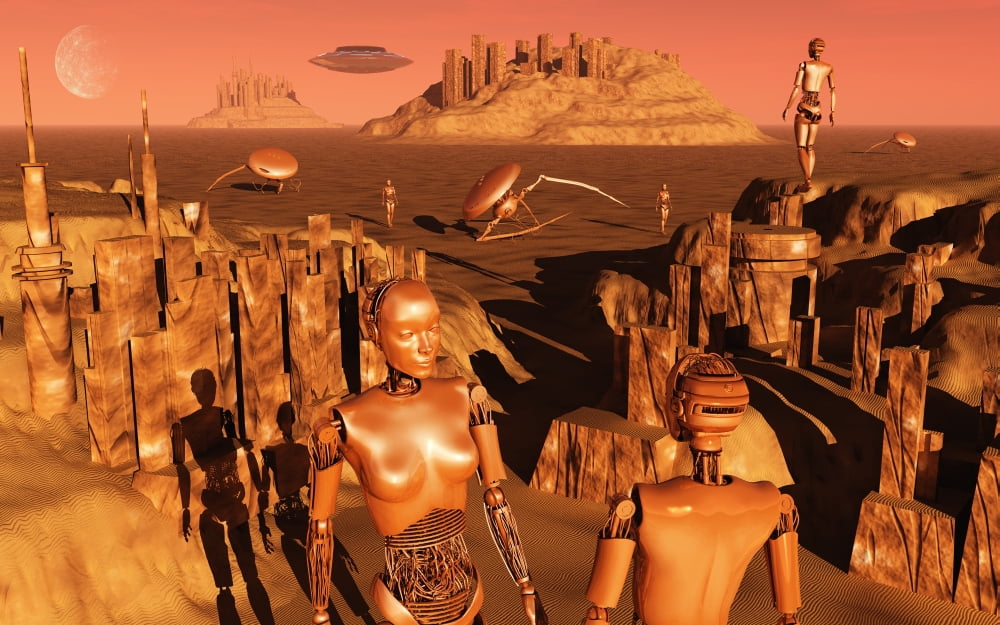 A team of robots gather the last of martian technology Canvas Art - Mark StevensonStocktrek Images (18 x 12)