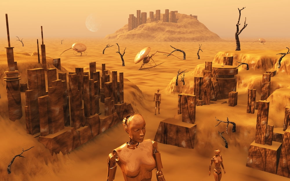 A team of robots gather the last of martian technology Canvas Art - Mark StevensonStocktrek Images (18 x 12)