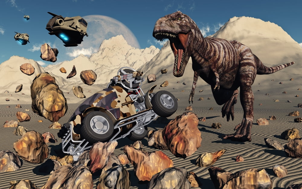 A team of time travelling explorers try to capture a T Rex dinosaur Canvas Art - Mark StevensonStocktrek Images (18 x 12)
