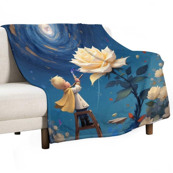 A teenager Painting A Rose Under The Stars Throw Blanket Warm Microfiber Flannel Bedroom Decor Blankets For Beds