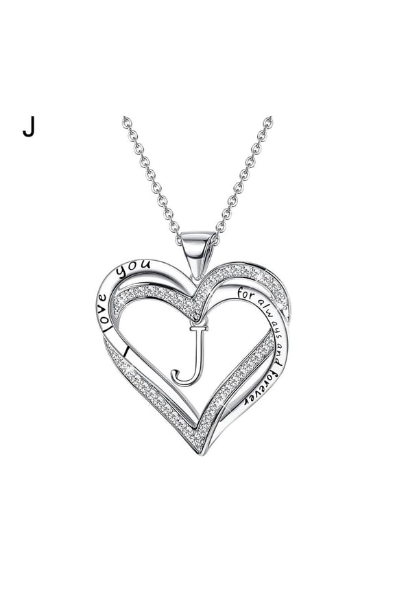 A to Z Initial Cubic Zirconia Alphabet Letter Silver Plated Heart Pendant Necklace Heart Necklace for Women Letters Necklace Charm Necklace J