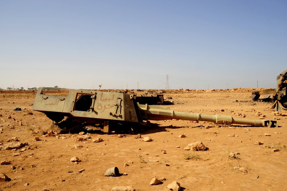 A tracked artillery vehicle destroyed by NATO forces outside Benghazi Libya Canvas Art - Andrew ChittockStocktrek Images (18 x 12)
