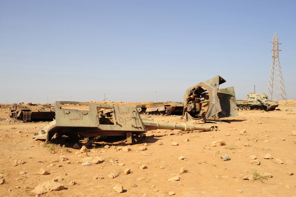 A tracked artillery vehicle destroyed by NATO forces outside Benghazi Libya Canvas Art - Andrew ChittockStocktrek Images (35 x 23)