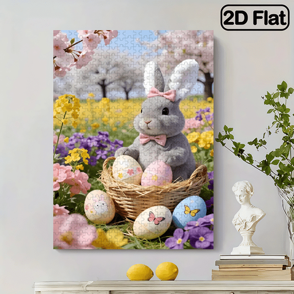 A vertical 500 - piece paper puzzle. Theme "Cute Easter Bunny". 2D flat design. The size is 14.9 * 20.4 inches.