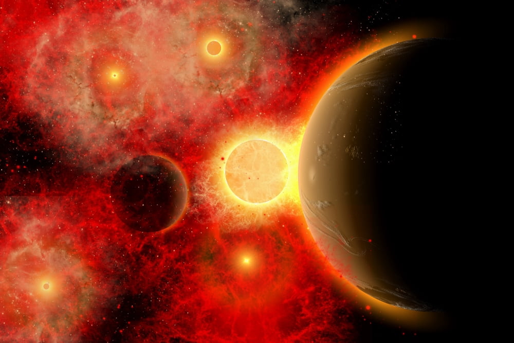 A vibrant star cluster with alien planets in orbit Canvas Art - Mark StevensonStocktrek Images (35 x 24)
