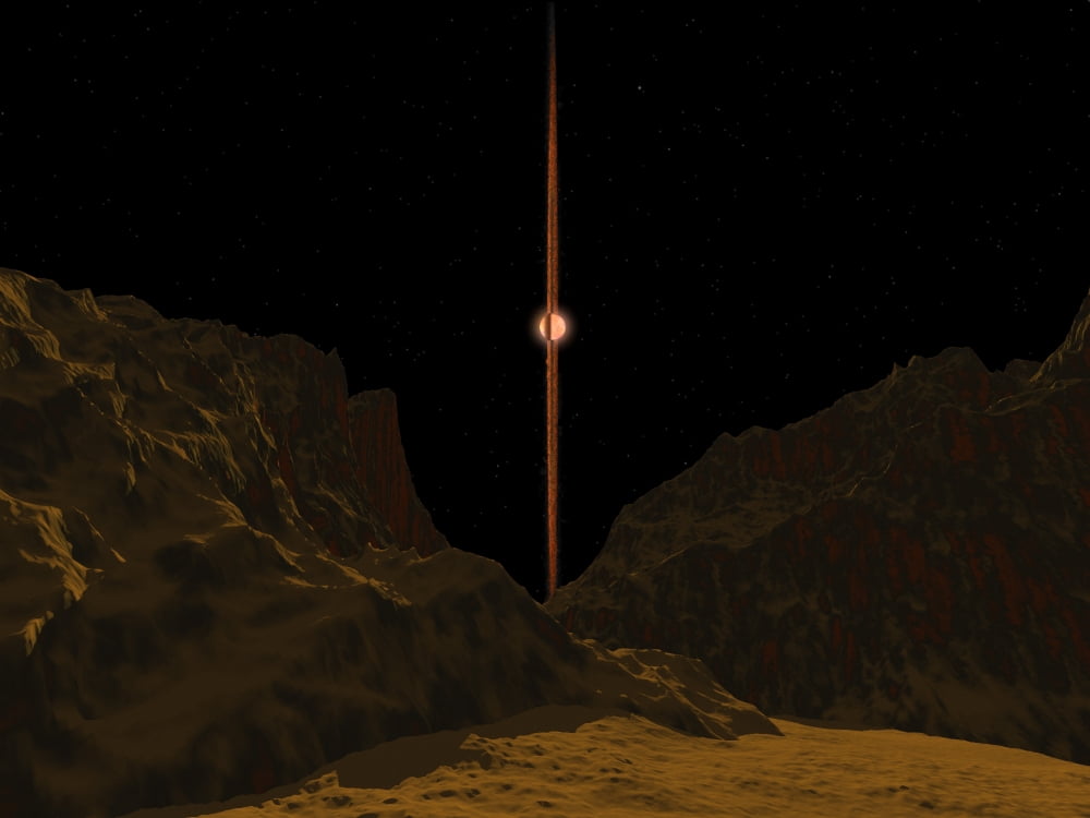 A view across a hypothetical primitive alien planet towards a brown dwarf in the sky Canvas Art - Walter MyersStocktrek Images (33 x 25)