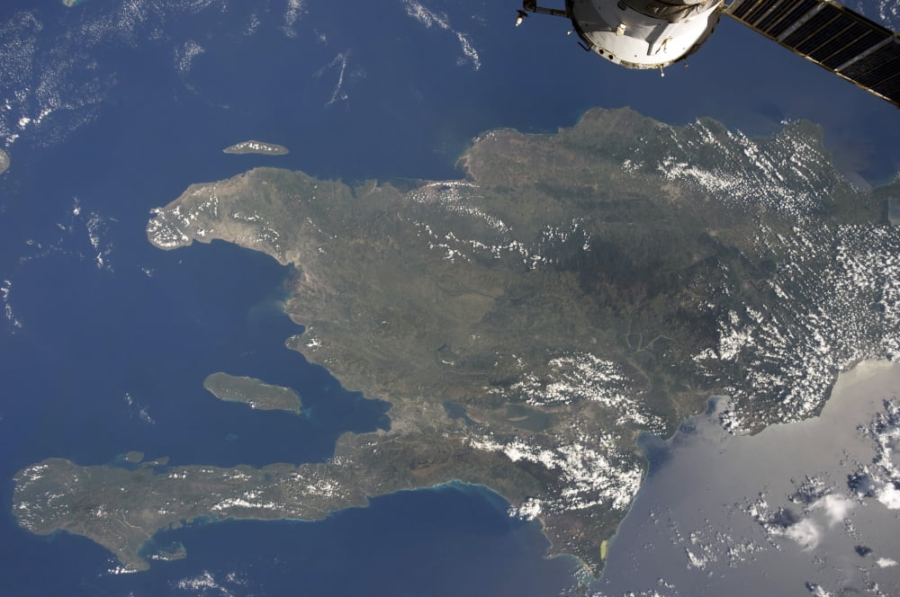 A view of the Caribbean island of Hispaniola from the International Space Station Canvas Art - Stocktrek Images (35 x 23)