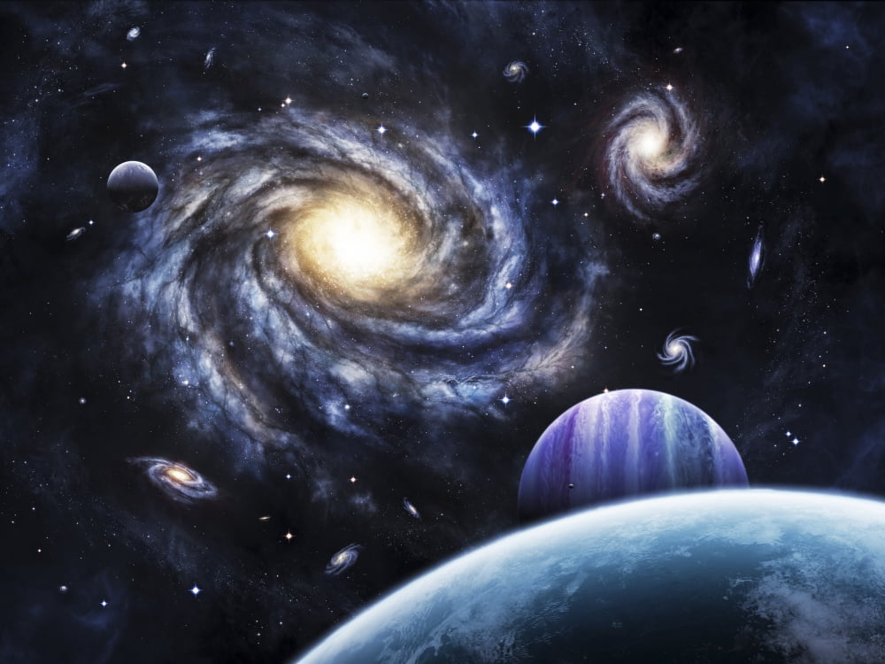 A view to a nearby galaxy from a gas giant and its system of moons Canvas Art - Brian ChristensenStocktrek Images (17 x 13)