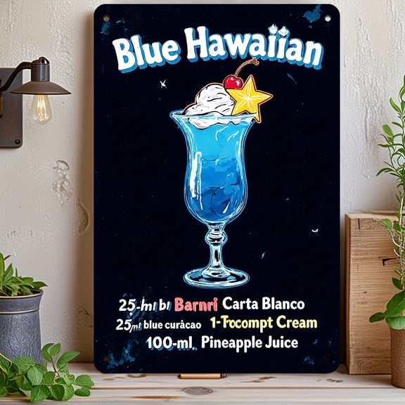 A vintage blue Hawaiian cocktail metal sign, perfect for decorating homes, bars, garages, clubs, restaurants, and cafes.