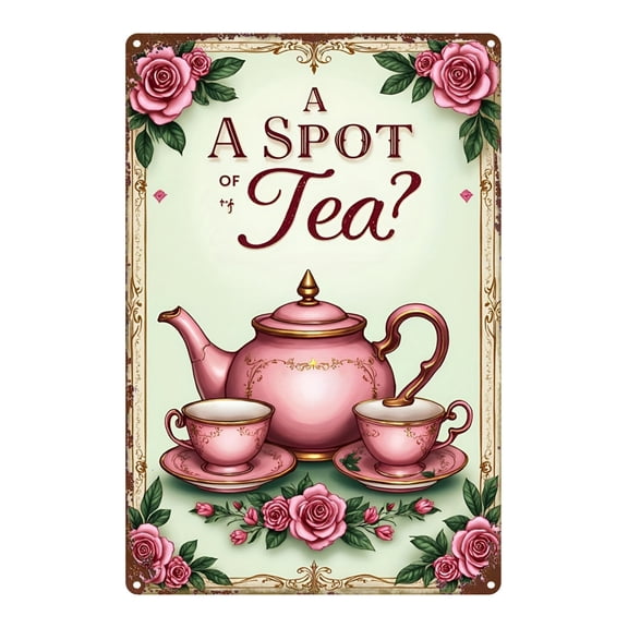 A vintage tin sign - a retro teapot and teacup wall decoration, durable metal accents, suitable for homes, kitchens, bars, gardens, and farmhouses.