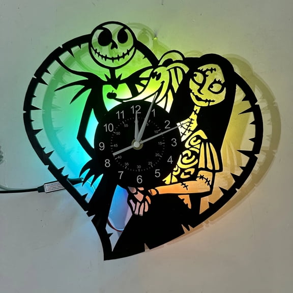 Nightmare Christmas Wall Clock Decoration,Silent Movement, Colorful LED Lights,Retro Vinyl Record Clock