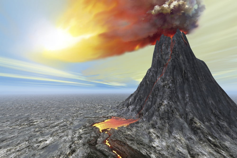A volcano bursts forth with hot lava and billowing smoke Canvas Art - Corey FordStocktrek Images (35 x 23)
