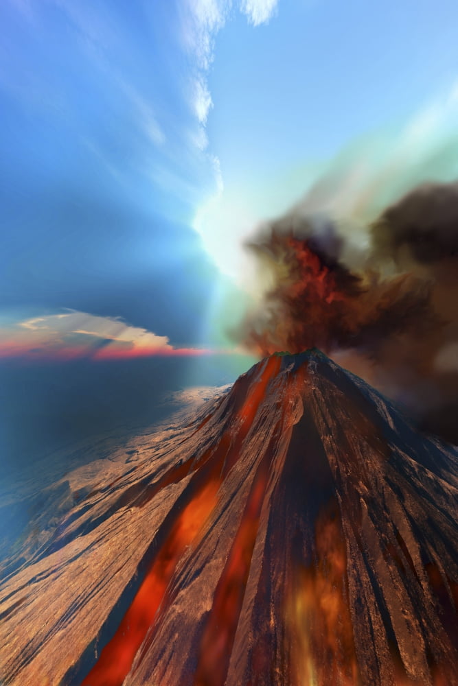A volcano comes to life with smoke and lava Canvas Art - Corey FordStocktrek Images (12 x 18)