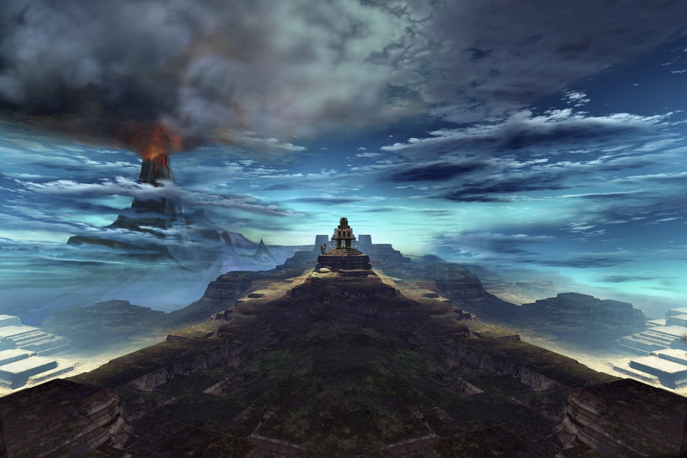 A volcano erupts near an ancient Mayan temple Canvas Art - Corey FordStocktrek Images (18 x 12)