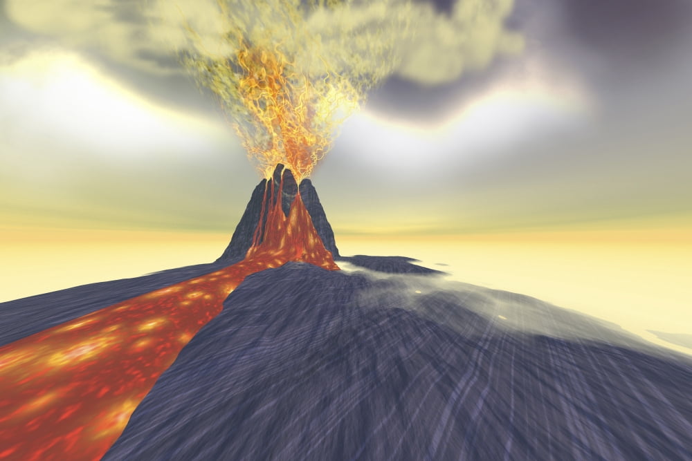 A volcano erupts with lava fire and smoke Canvas Art - Corey FordStocktrek Images (18 x 12)