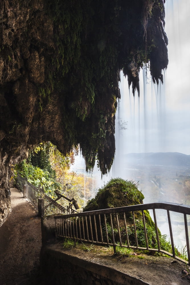 A walkway behind a waterfall Edessa Greece Canvas Art - Reynold Mainse Design Pics (12 x 19)