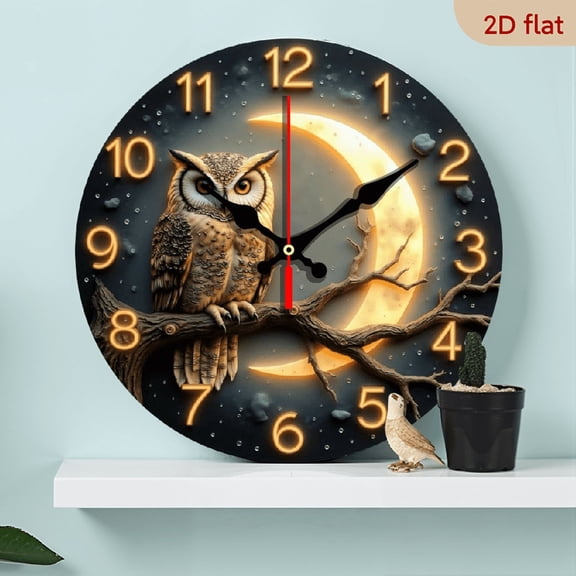 A wall-mounted clock featuring a nocturnal owl as its theme, creating a serene and mysterious atmosphere of a forest night.