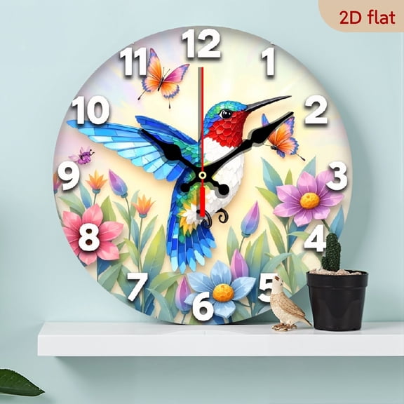 A wall-mounted clock featuring hummingbird flowers as the theme, with simple and clean numbers. It is a vibrant and rustic-style clock.