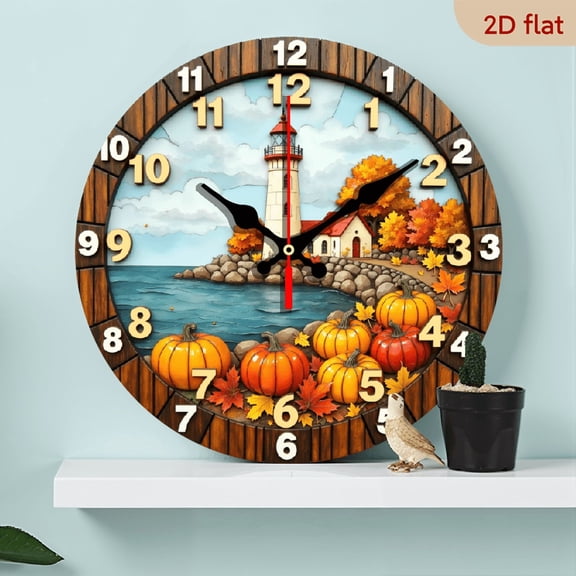 A wall-mounted clock, featuring the theme of autumn lighthouse pumpkins, with an autumn theme and a double-layer digital design.