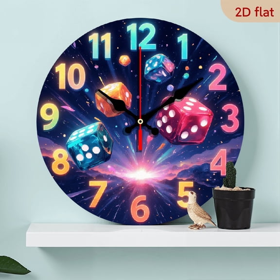 A wall-mounted clock with a theme of dice and starry sky. The numbers are in a gradient neon color. The overall style is cyberpunk.
