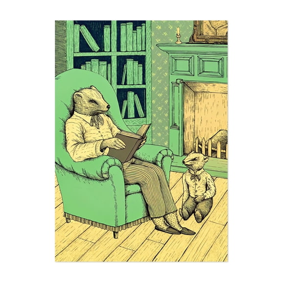 A weasel reading a book to a young weasel - Illustration Animal Whimsical Library Reading Surrealism Victorian Unframed Wall Art Print 32 x 48 inches