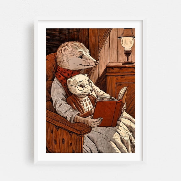 A weasel reading a book to a young weasel - Illustration Reading Animal Woodland White Framed Wall Art Print 24 x 36 inches