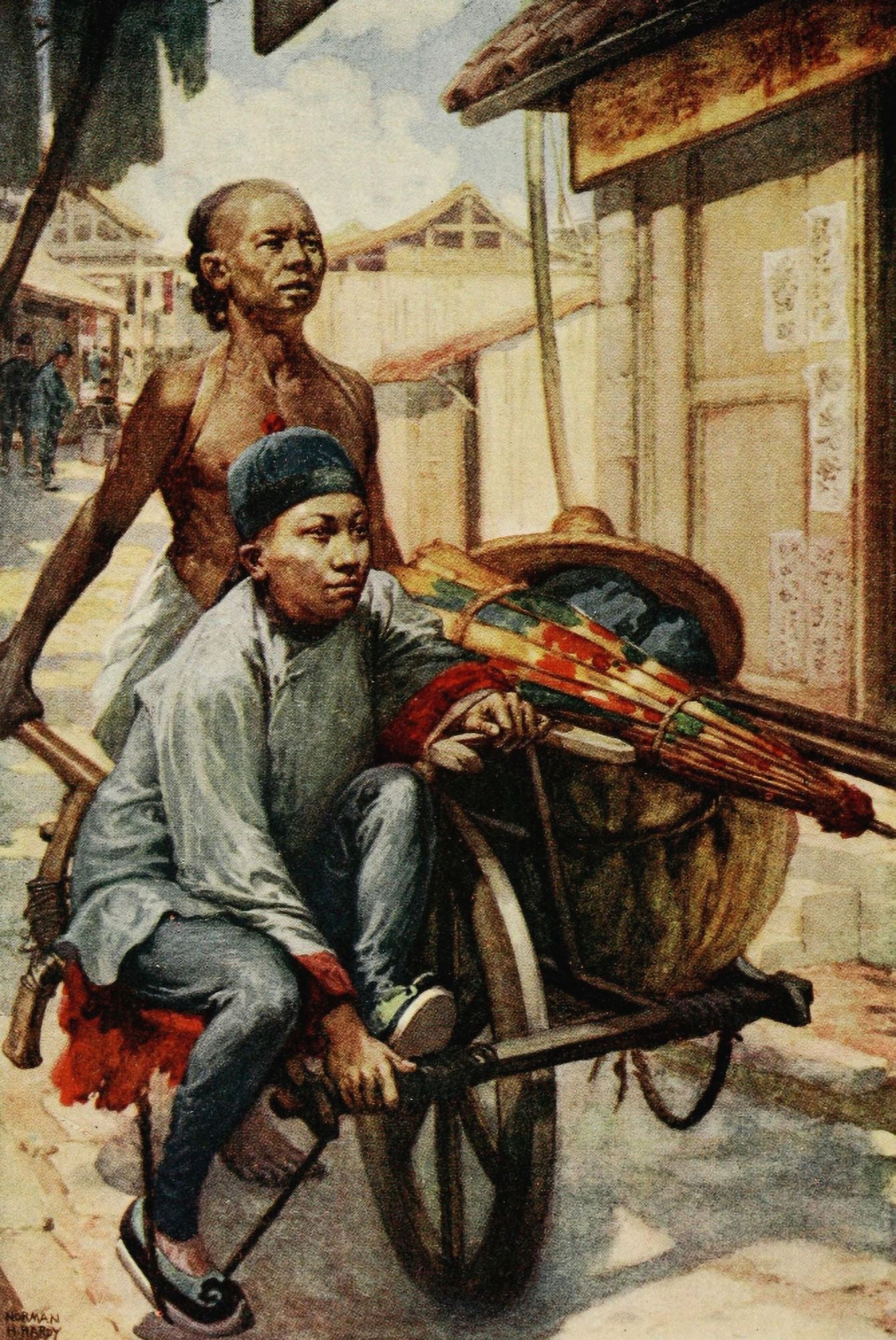 A wheelbarrow China 1910 Canvas Art - Norman H Hardy (18 x 24)
