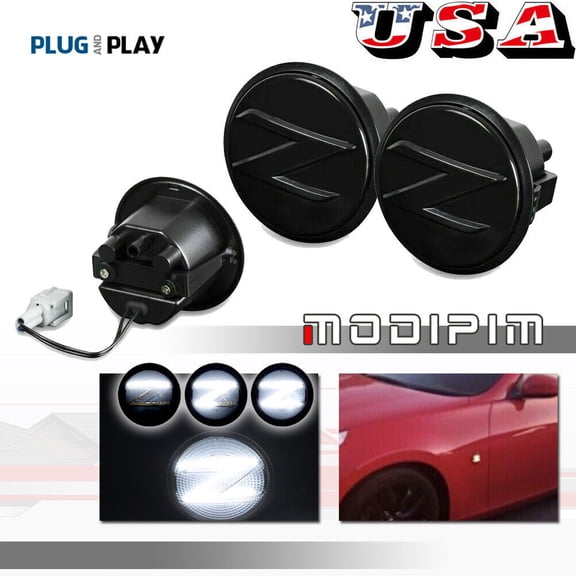 A white sequential LED side marker light turn signal suitable for Nissan 370Z from 2009 to 2020-