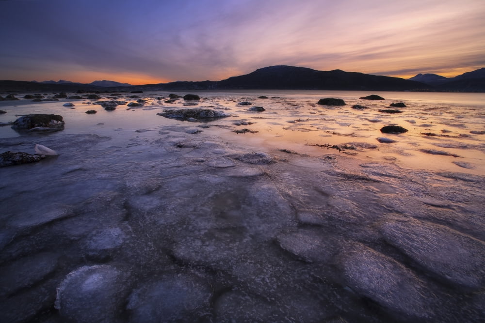 A winter sunset at Evenskjer in Troms County Norway Canvas Art - Arild HeitmannStocktrek Images (35 x 23)