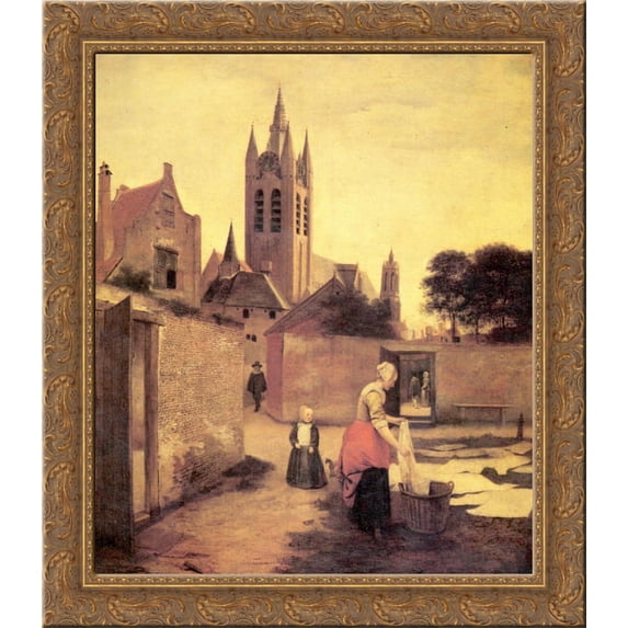 A woman and a child on a Bleichwiese 24x20 Gold Ornate Wood Framed Canvas Art by Pieter de Hooch