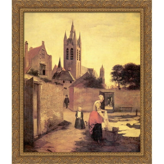 A woman and a child on a Bleichwiese 28x32 Large Gold Ornate Wood Framed Canvas Art by Pieter de Hooch
