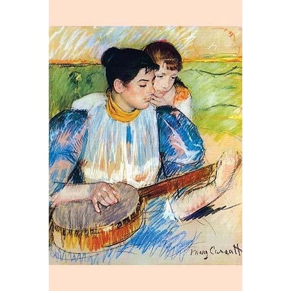 A woman in the foreground strums a banjo as a younger girl watches over her shoulder Poster Print by Mary Cassatt (18 x 24)