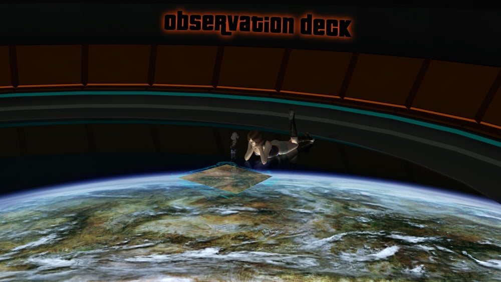 A woman studies the world beneath her on the observation deck of a space station Canvas Art - Frieso HoevelkampStocktrek Images (19 x 11)