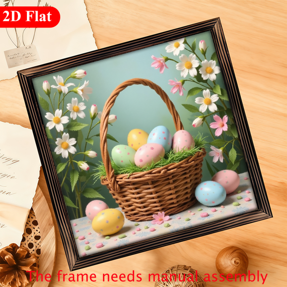 A wooden framed picture suitable for decorating the home, a retro Easter egg basket, with dimensions of 12*12 inches.