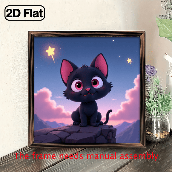A wooden framed picture suitable for decorating the home, featuring a cute little cat in a starry sky, with dimensions of 8*8 inches.