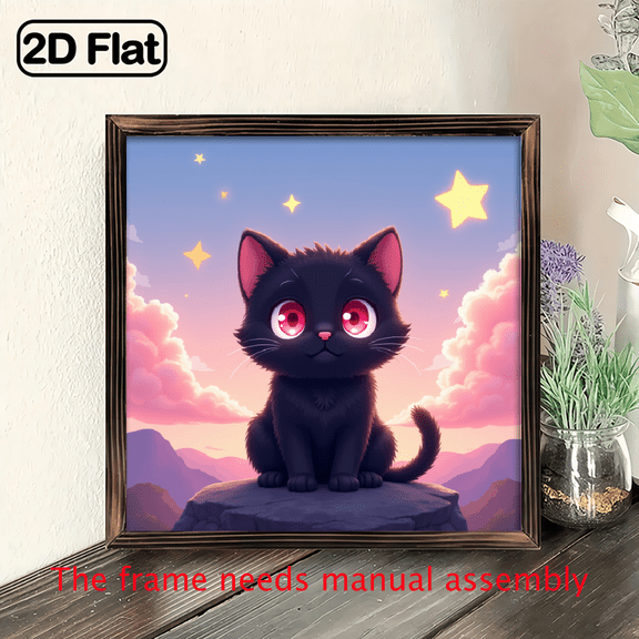 A wooden framed picture suitable for decorating the home, featuring a cute little cat in a starry sky, with dimensions of 8*8 inches.