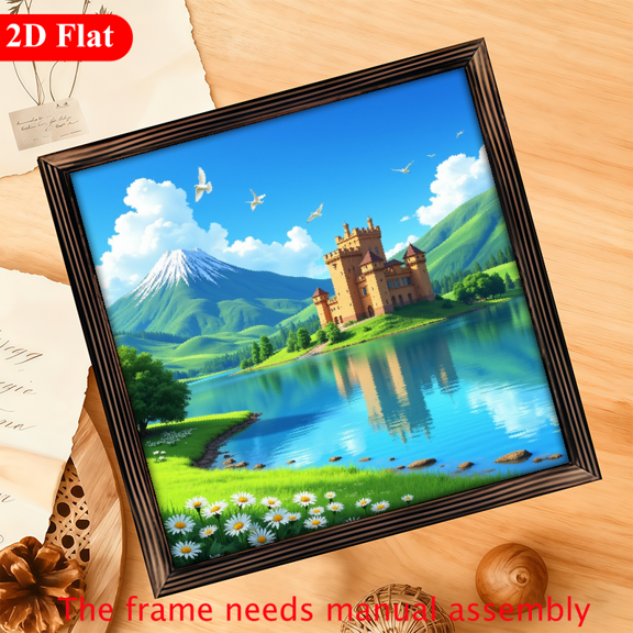 A wooden framed picture suitable for decorating the home, featuring a fairy-tale castle scene. The size is 12*12 inches.