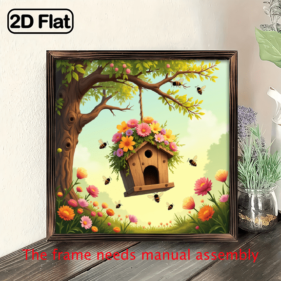 A wooden framed picture suitable for decorating the home, featuring busy bees, with dimensions of 8*8 inches.